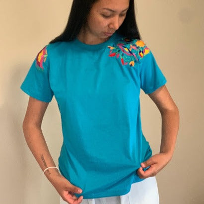 Turquoise Round Neck Handmade T-Shirts